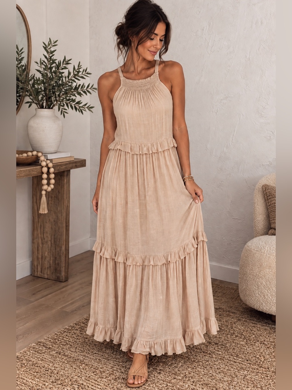 Listicle Size S Beige Ruffle Tiered Boho Maxi Dress Rayon Blend